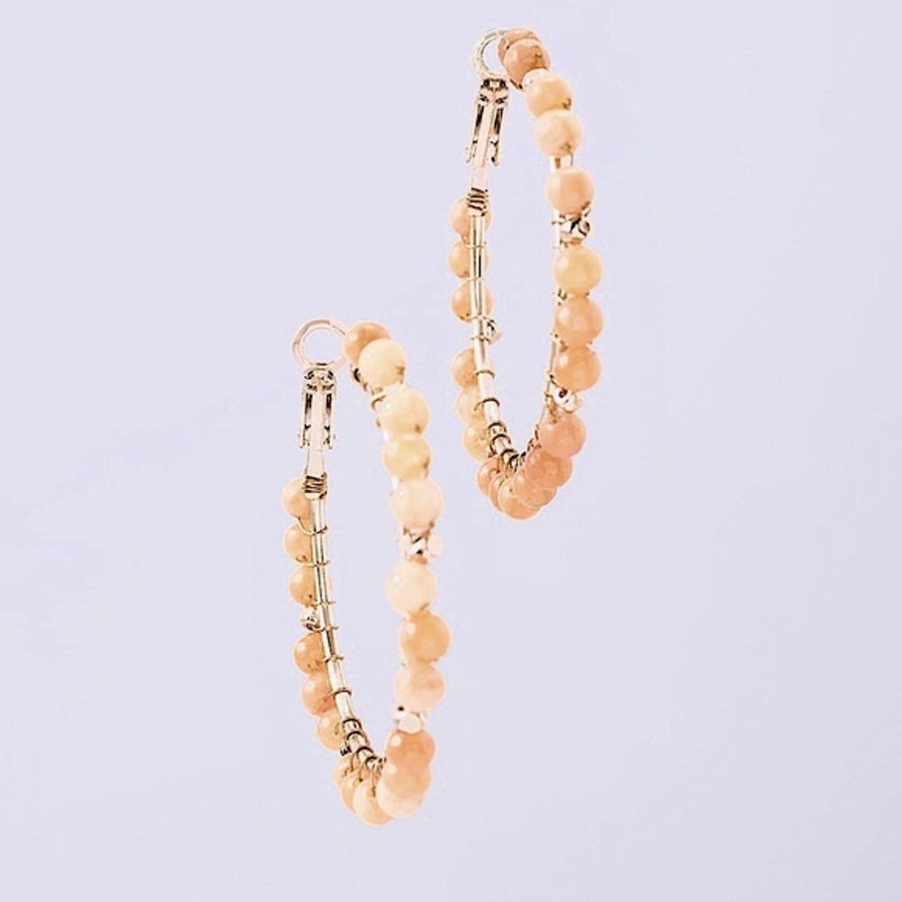 WHBM BEADED WHITE JADE HOOP EARRINGS